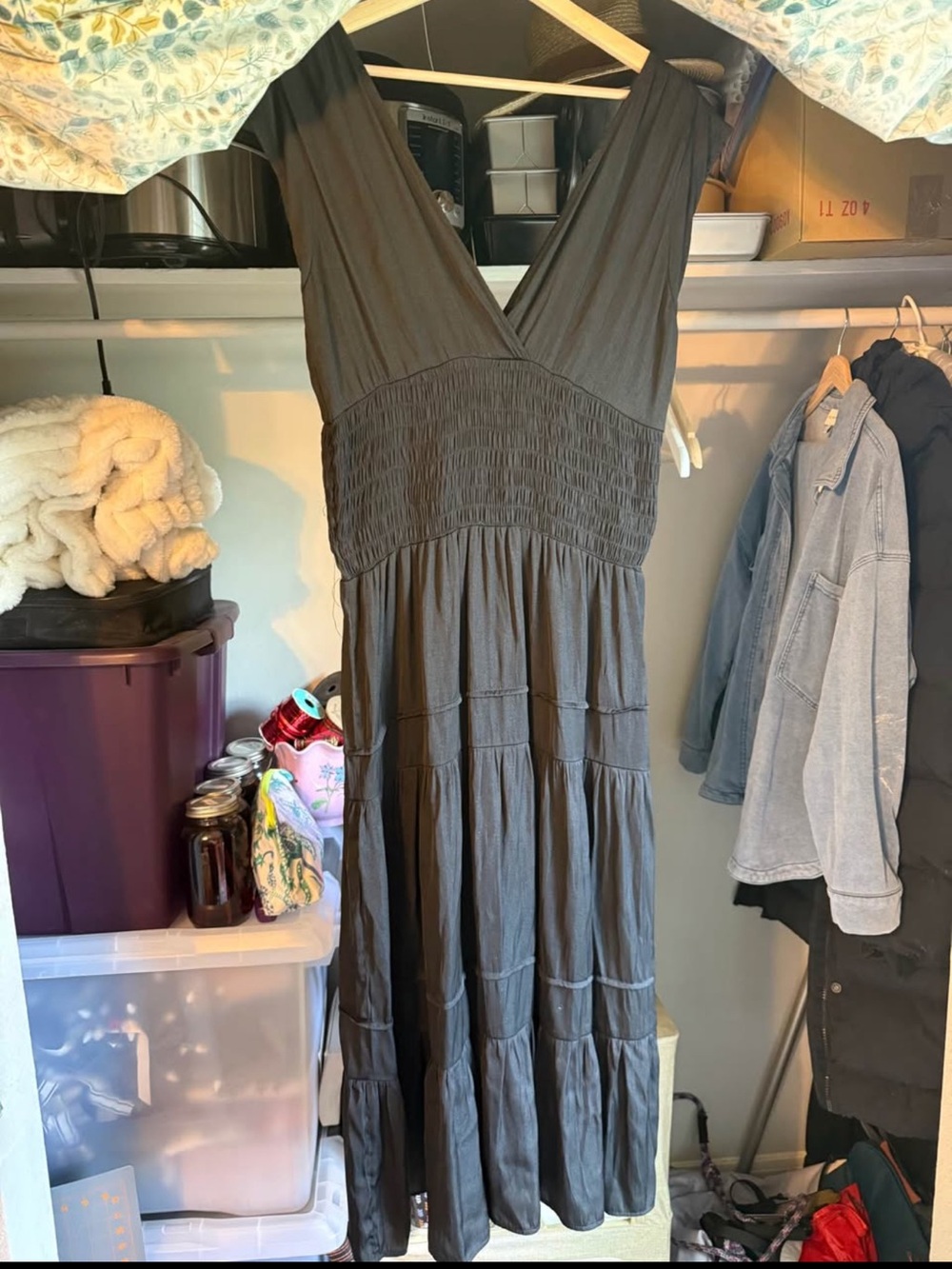 Smocked-Waist V-Neck Dress in Black